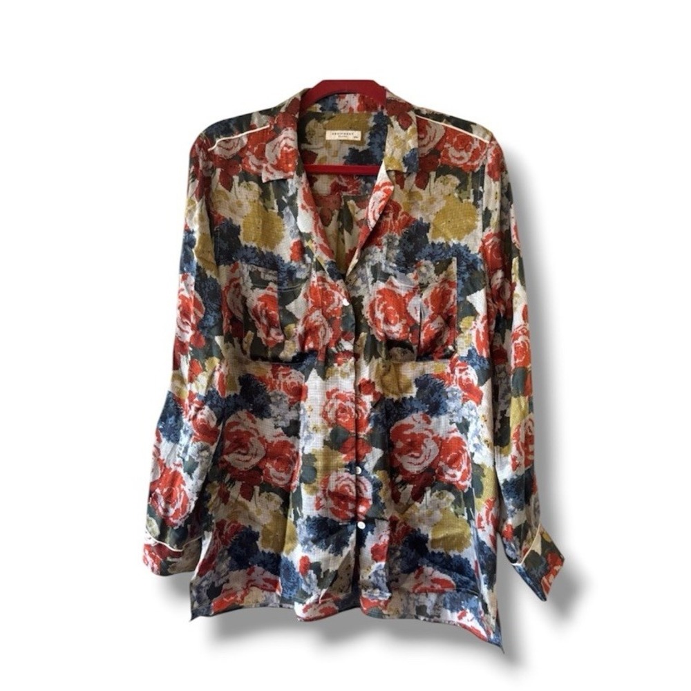 Equipment Femme Women's Medium Digital Floral 100% Silk Blouse Long Sleeve Top M